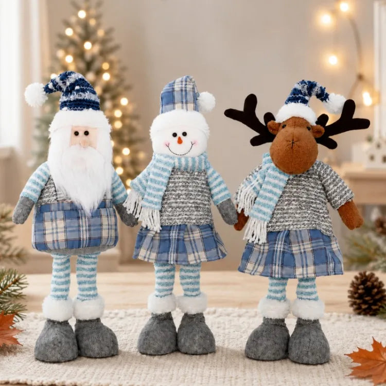 Boneco de Papai Noel Azul Decoração de Natal em Tecido Xadrez Azul com Papai Noel