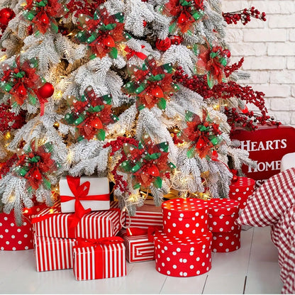 Flores de Natal Poinsétia Artificiais com Estampa Xadrez 6/10 peças Tamanho: 14cm*5.51 Pol.