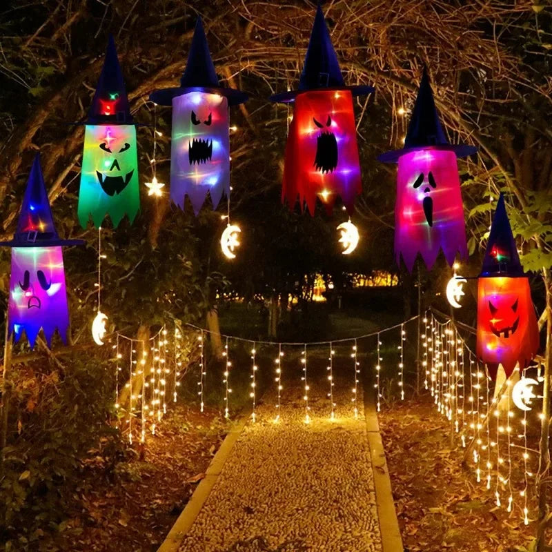 10 Peças de decoração suspensa de Halloween, chapéus de bruxa fantasma iluminados
