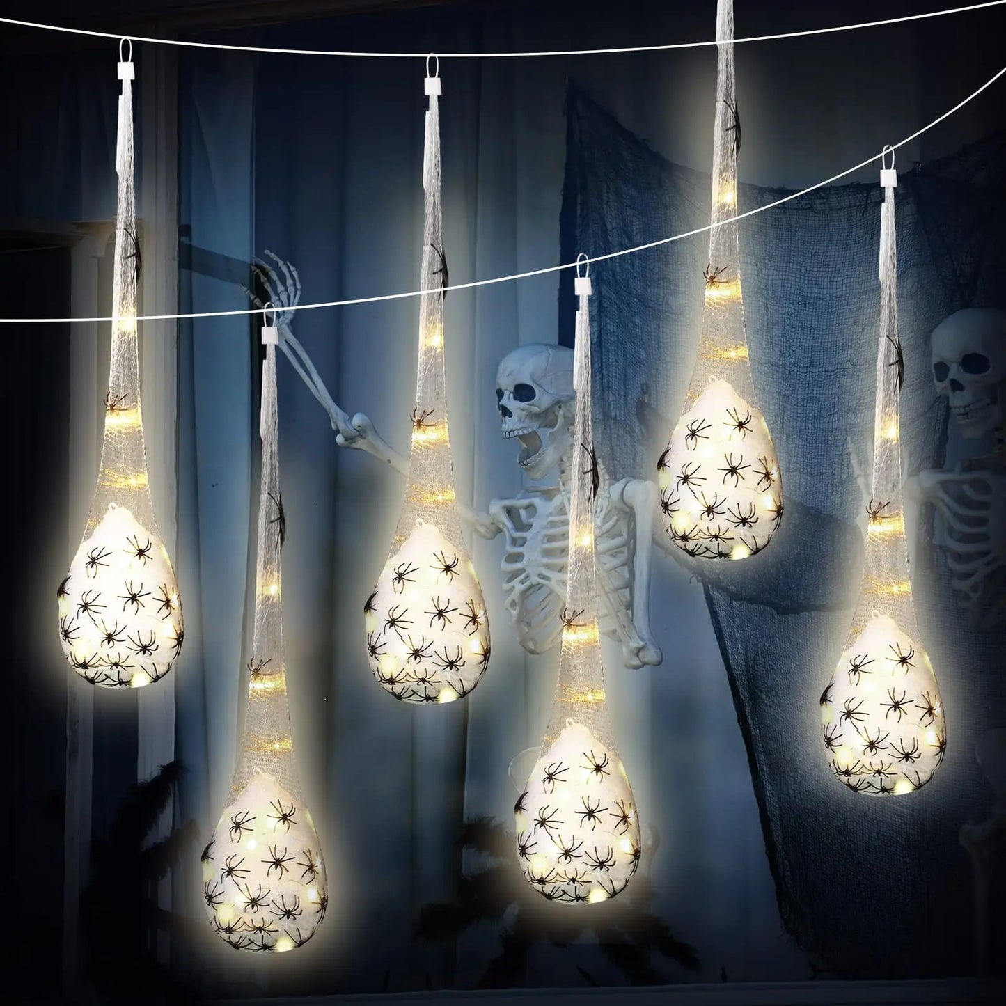 Decoração de Halloween, 1 peças de sacos de ovos de aranha luminosos pendurados