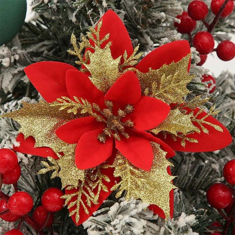 Flor de 5/10 Peças Poinsétia Artificial com Glitter e Enfeites de Natal para shopping