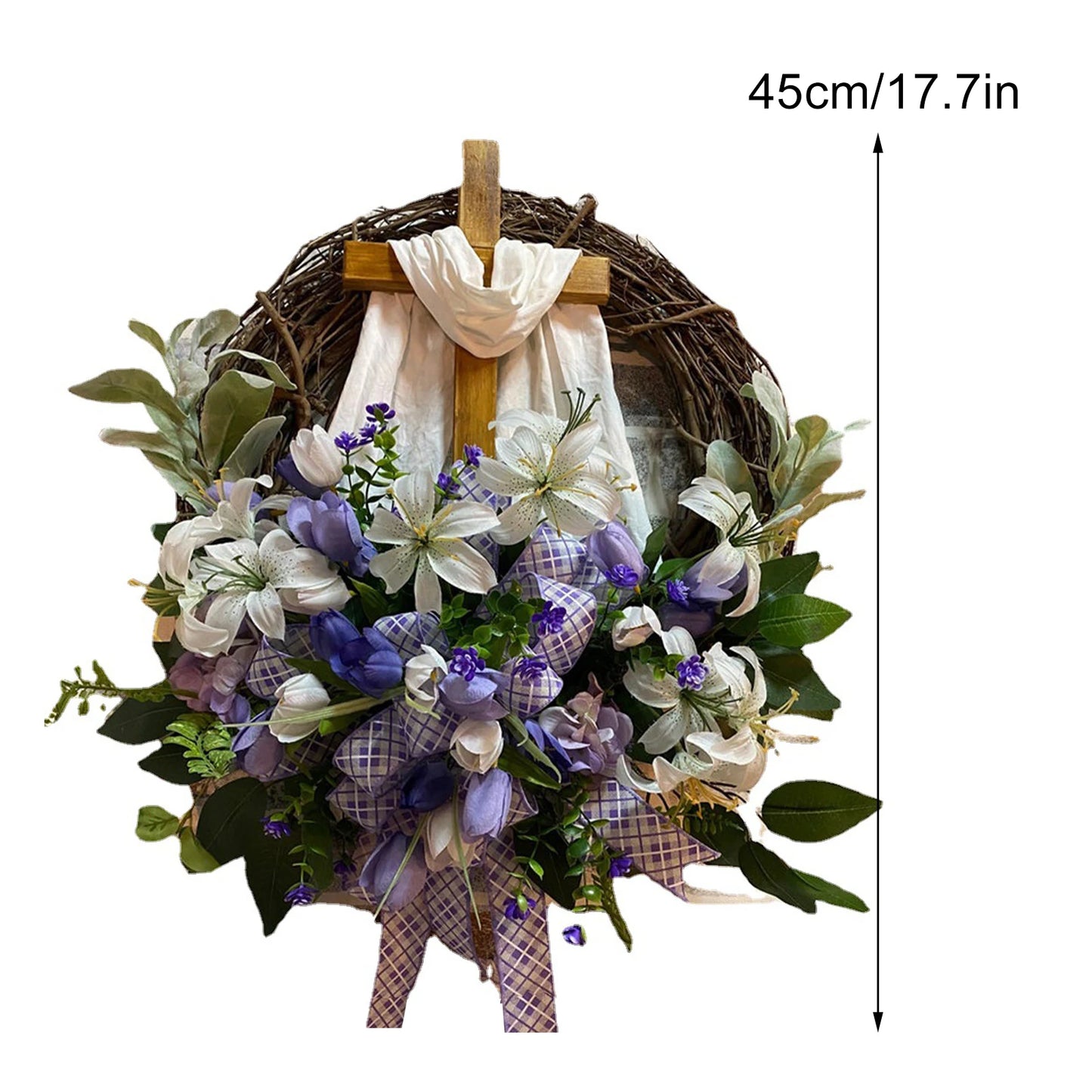 Guirlanda Religiosa Páscoa Guirlanda Cruz Sagrada Flores Decoração Enfeite Páscoa 45cm
