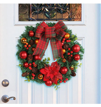 Guirlanda de Natal iluminada de 37,5 cm com grande laço xadrez de búfalo, pinhas e frutas