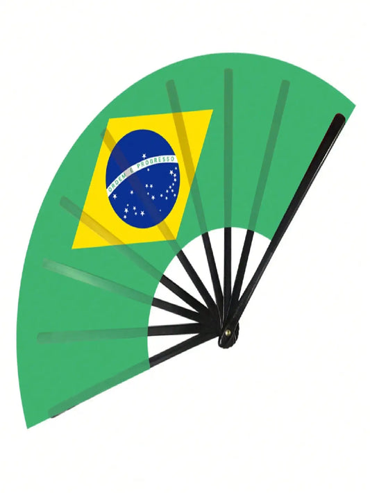 Leque de Mão Grande Estampa Bandeira Brasil, 23cm, Poliéster Resistente, Haste Plástica