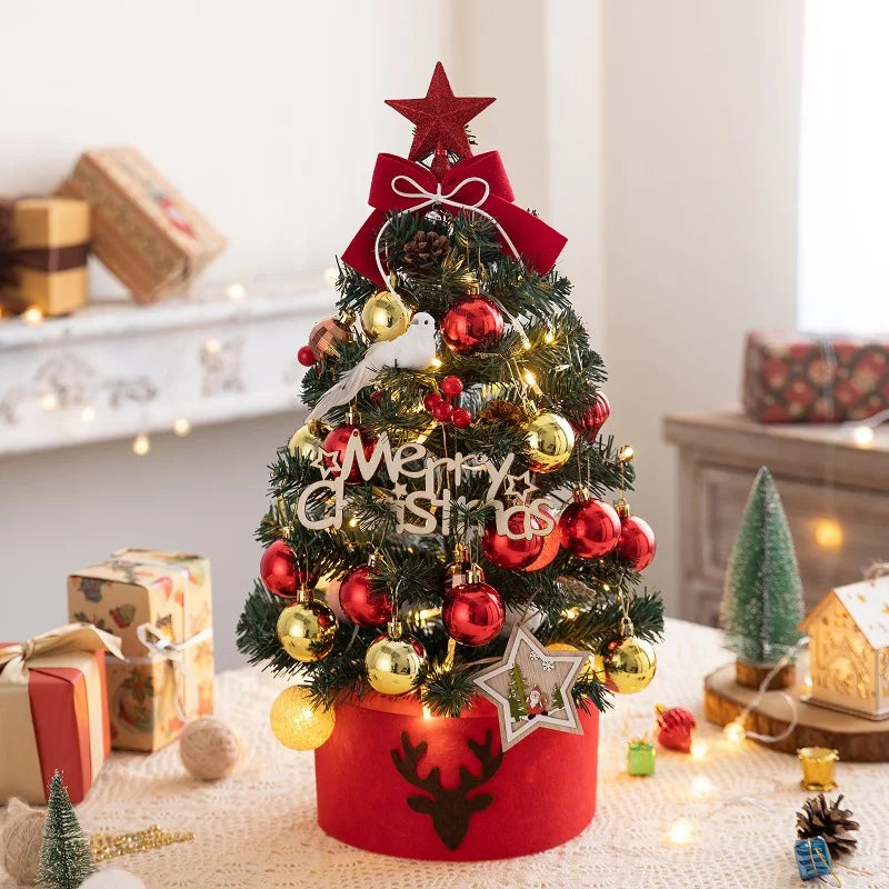 Mini árvore de natal com luzes dourado vermelho decorações de natal enfeites