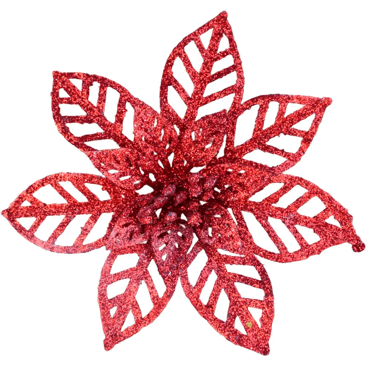Flor Natalina Bico-de-Papagaio (Poinsétia) Vazada com Glitter Vermelha Kit 8 Flores