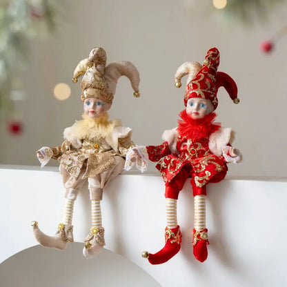 Bonecos Decorativos de Palhaço ou Pierrot de Natal com Pernas Articuladas em Tons Dourado, Vermelho, Prata