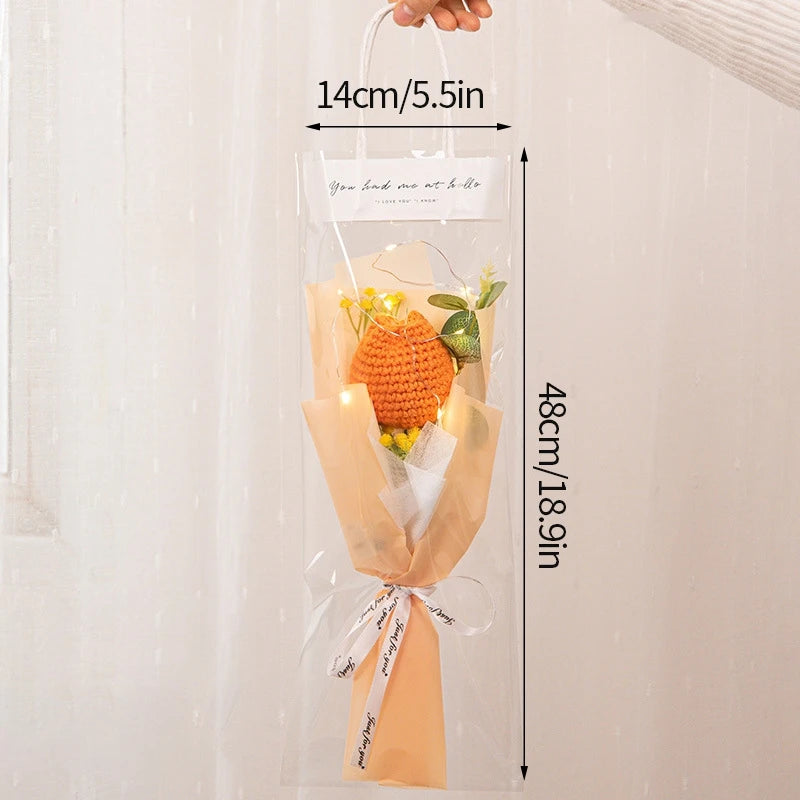 Kit completo de buquê de crochê de LED feito à mão, buquê de crochê, flor folhada falsa
