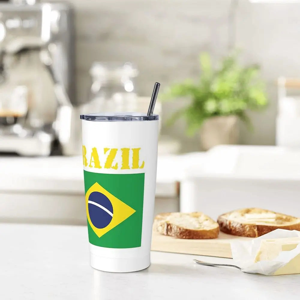 Copo térmico de 590 ml com tampa e canudo, com estampa bandeira brasileira, isolamento