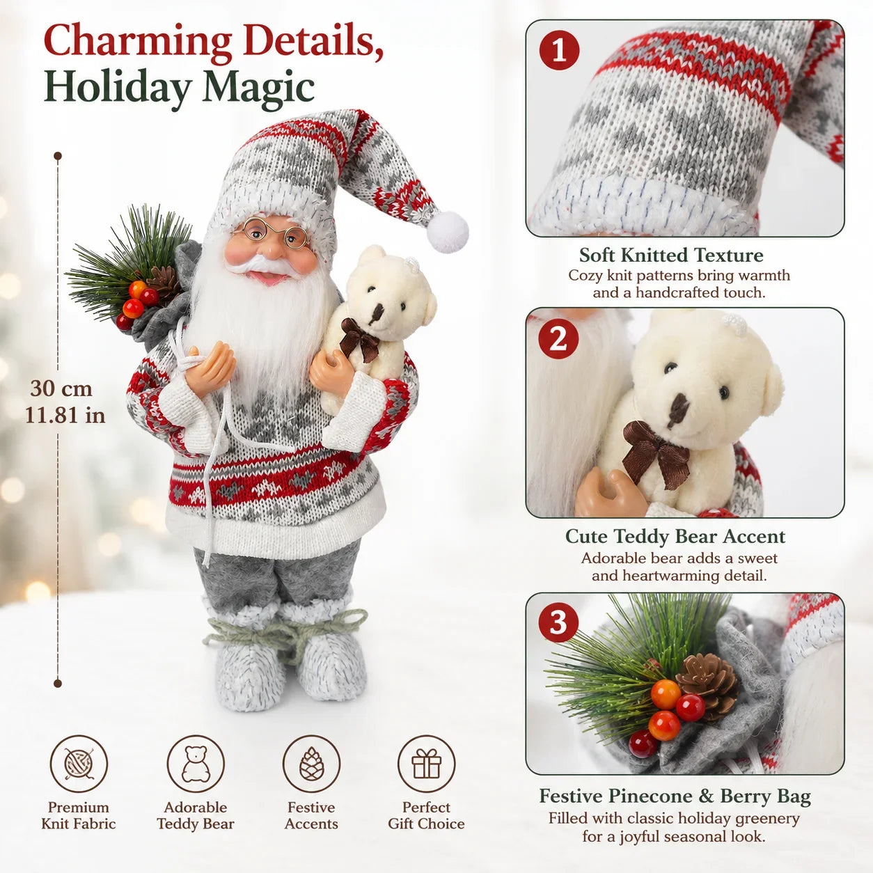 Papai Noel de Urso (Vermelho e Cinza) Enfeite de Natal Papai Noel Pé, Decoração Plástico