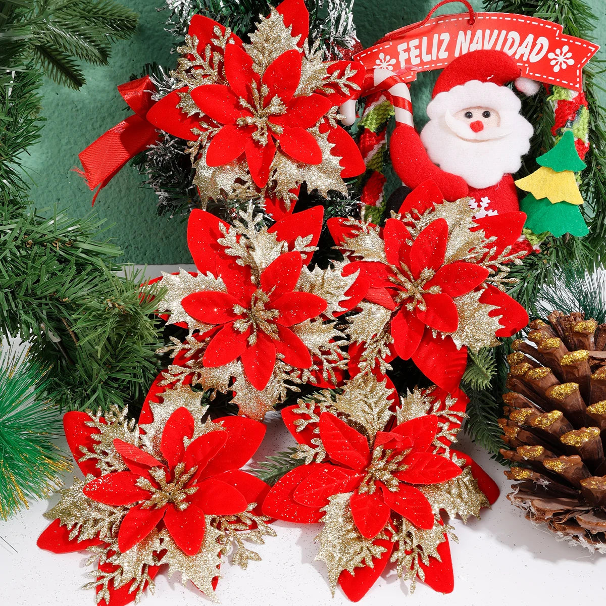 Flor Vermelha Natalina com Glitter  Flores Natal Artificiais Glitter de 14 cm, 5/10/20/50 Peças