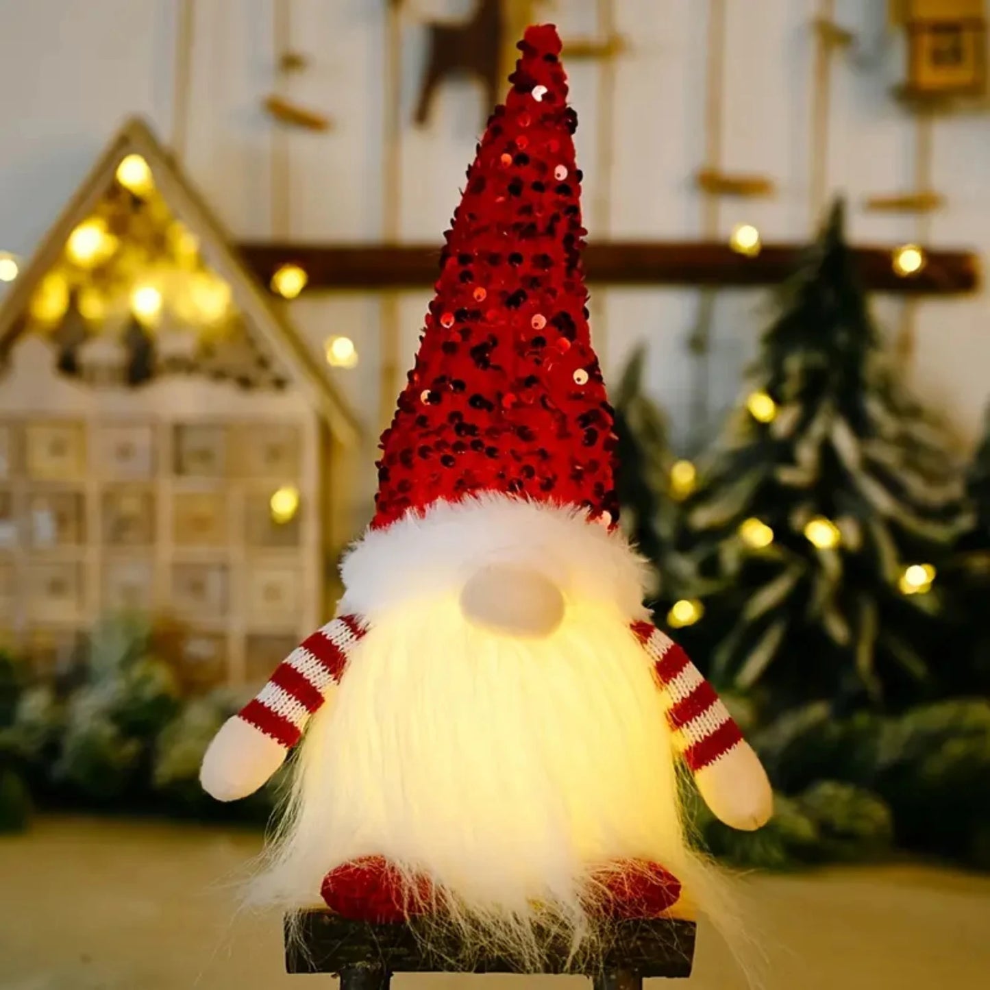 Cena de Natal enfeitada brilhando com enfeites de bonecas de luzes