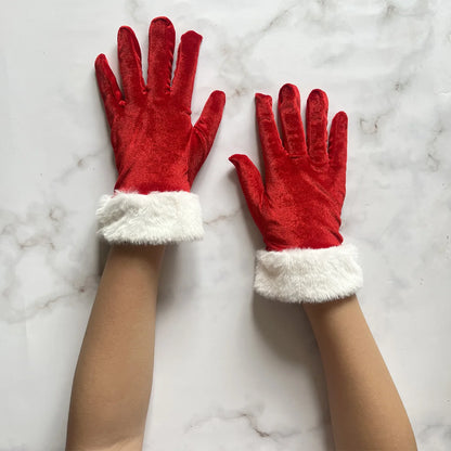 Luva de Natal para Fantasia Papai Noel Veludo com Pelo Branco, Par de Luvas Papai Noel Luxo Aveludada
