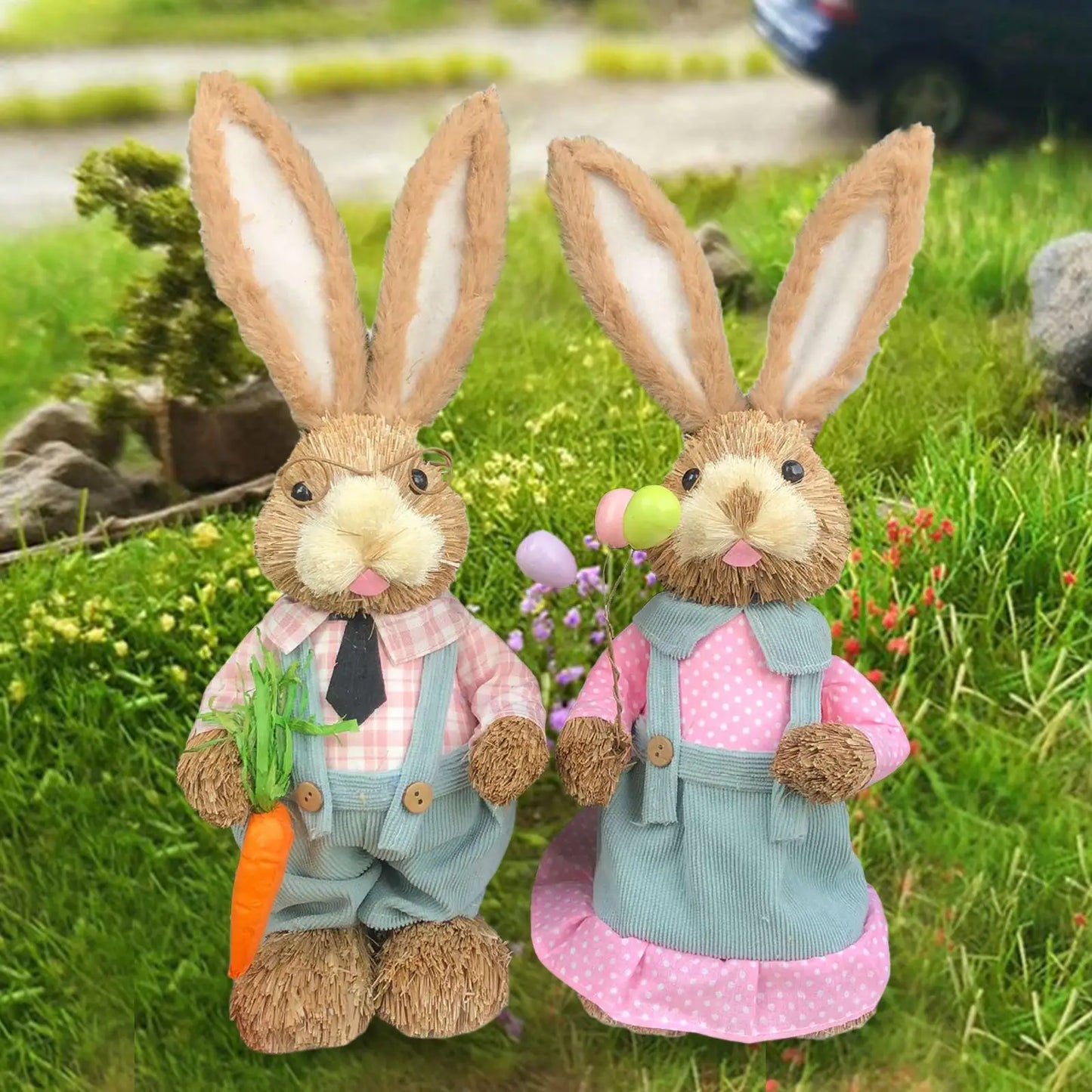 Casal De Coelhos De Páscoa Decoração Enfeite Coelhinhos - 35cm