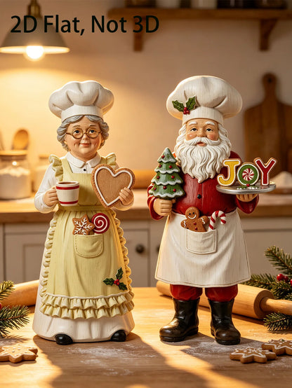 Chef Papai Noel Decorativo e Enfeite de Natal Casal Papai Noel e Mamãe Noel Cozinheiros Resina 13cm