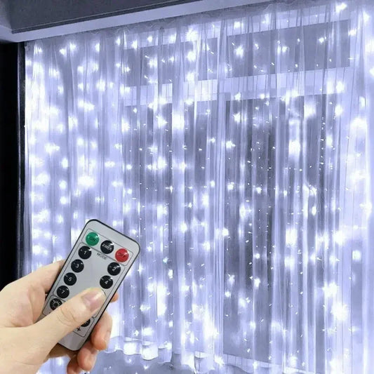 Cortina luz led pisca ou fixa 300 leds 3x3m Natal Festas Decorações USB  (Branco frio)