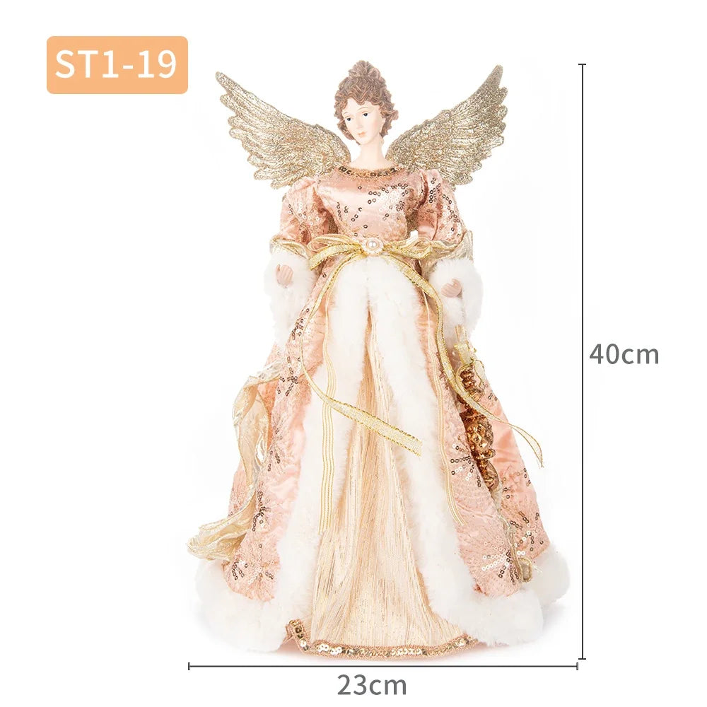 Enfeite de árvore de anjo de Natal asas douradas, elegante estatueta anjo vestido verde