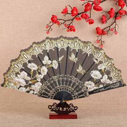 Leque Ventilador de mão de desempenho elegante borboletas de flores bronzeadoras