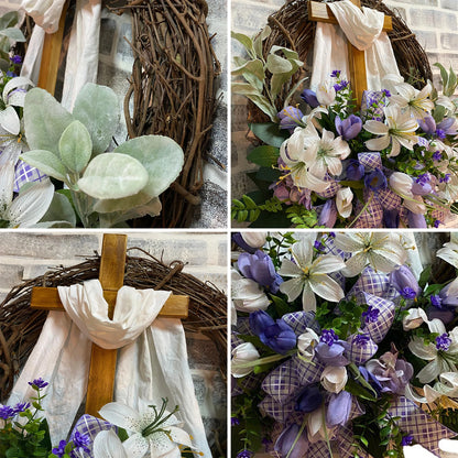 Guirlanda Religiosa Páscoa Guirlanda Cruz Sagrada Flores Decoração Enfeite Páscoa 45cm