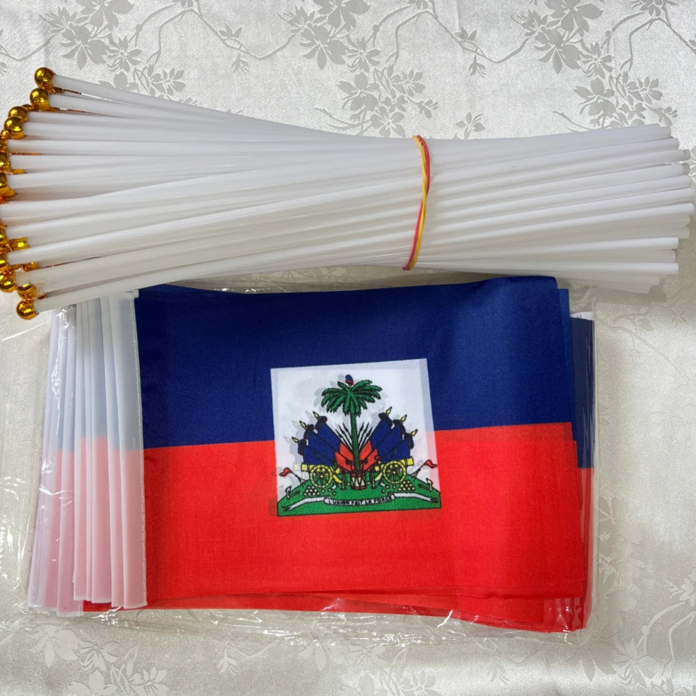 Copa do Mundo Pacote com 20 mini bandeiras do Haiti pequenas de mão, bastão haitiano