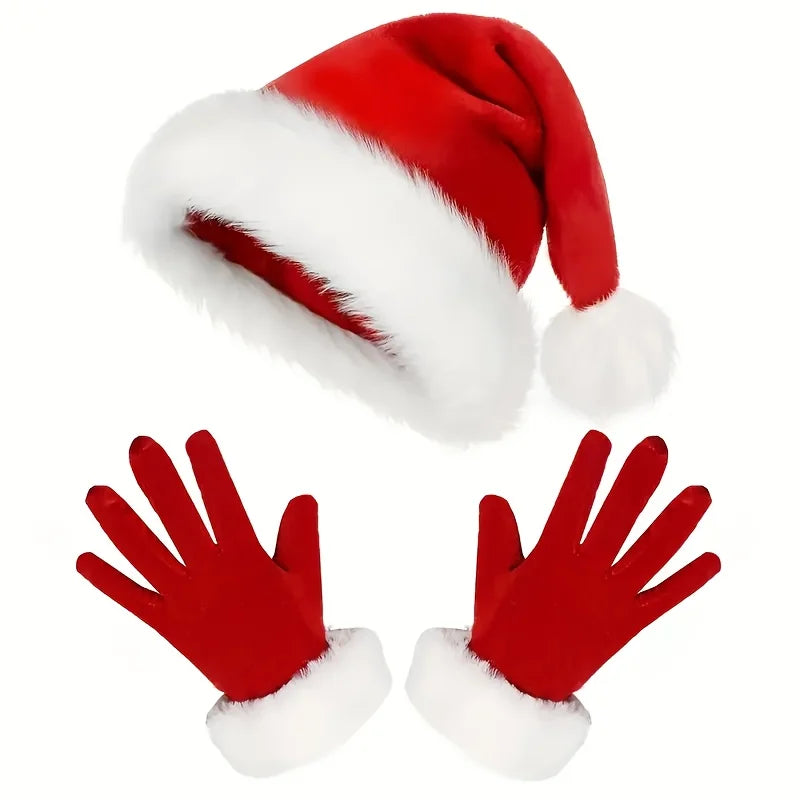 Kit Acessórios de Natal Gorro e Luvas, Conjunto de Fantasia de Papai Noel (2 Peças)