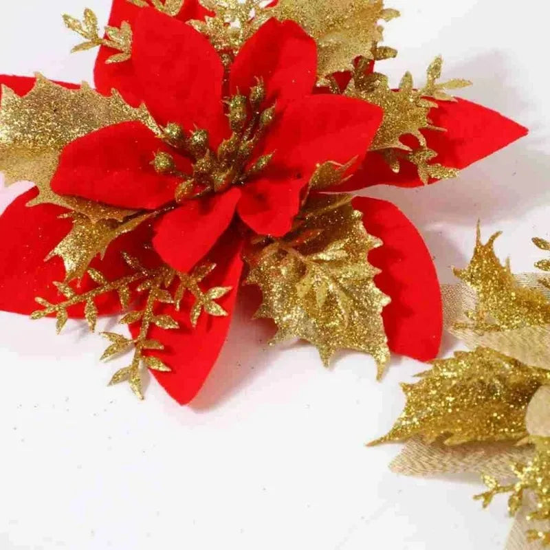 Flor Vermelha Natalina com Glitter  Flores Natal Artificiais Glitter de 14 cm, 5/10/20/50 Peças