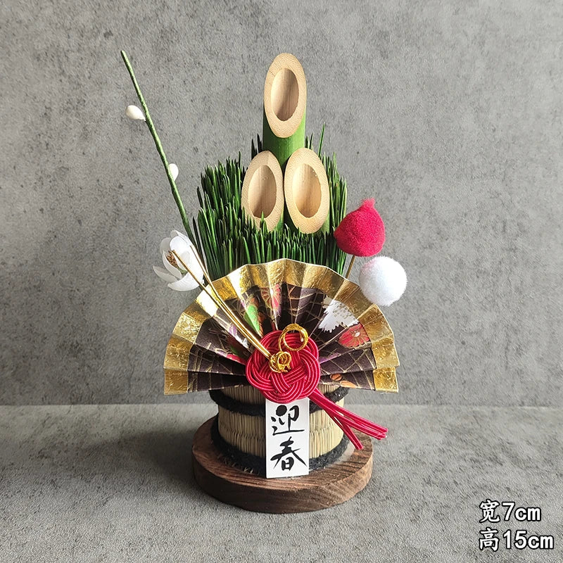 Vaso Três Tubos Leque Dourado com Placa de Madeira, Adorno de Mesa de Ano Novo Japonês (Kadomatsu)