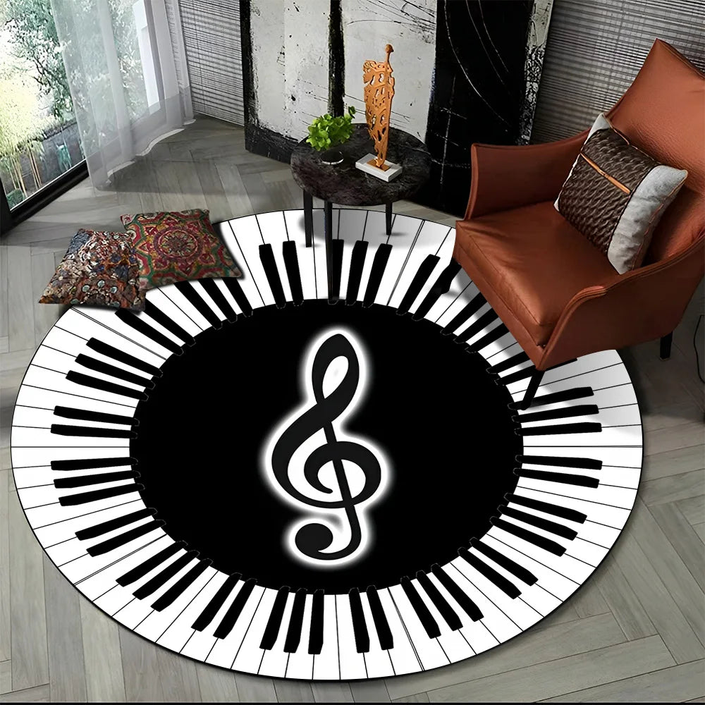 Tapete Redondo Antiderrapante com Estampa Colorida Teclas de Piano e Símbolos 150cm