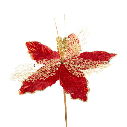 Kit 2 Flores Artificiais para Arranjo Decorativo com Glitter Dourado Vermelho 30cm*23cm