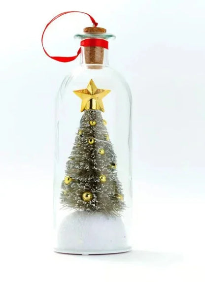 Enfeites de Natal Luminosos em Formato de Garrafa de Vidro com Miniaturas de Árvore de Natal e Papai Noel