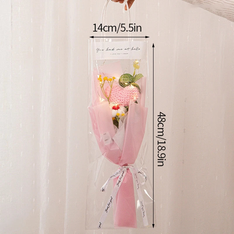 Kit completo de buquê de crochê de LED feito à mão, buquê de crochê, flor folhada falsa