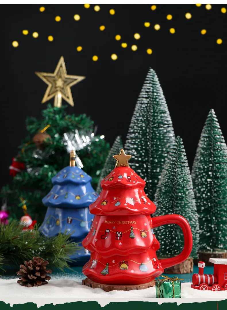 Canecas de Cerâmica em Formato de Árvore Natal Tampa e Detalhes Coloridos Capacidade/*401ml*500ml
