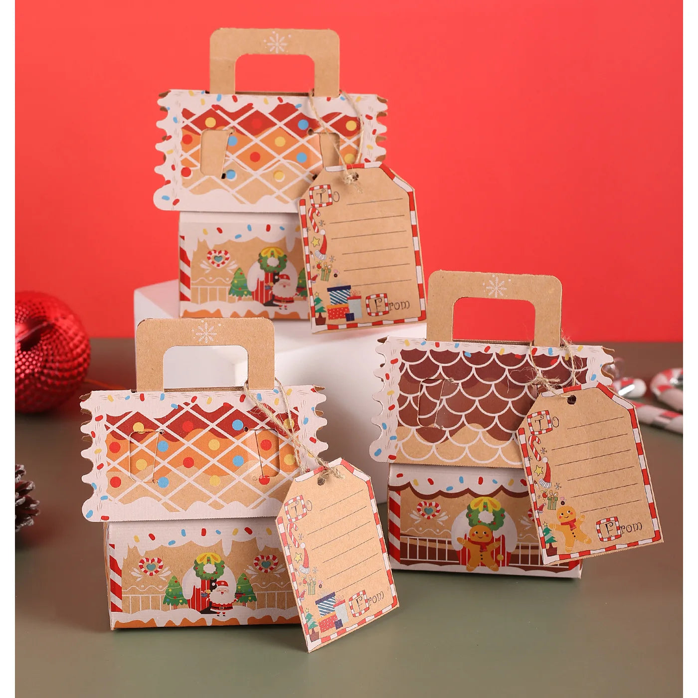 Caixas de biscoito de Natal Kraft, pacote com 5 caixas em forma casa, caixas presente