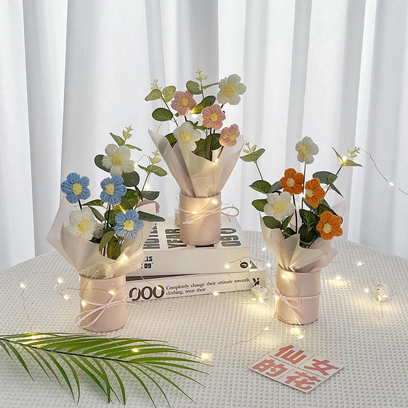 Kit completo de buquê de crochê de LED feito à mão, buquê de crochê, flor folhada falsa