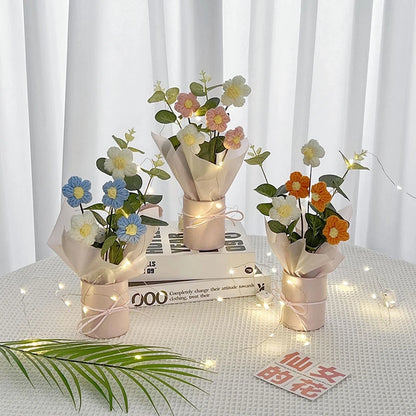 Kit completo de buquê de crochê de LED feito à mão, buquê de crochê, flor folhada falsa