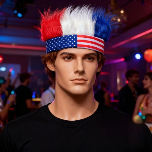 Peruca 1 peças Vermelho, Branco e Azul, Bandeira Patriótica dos EUA, Chapéu Futebol
