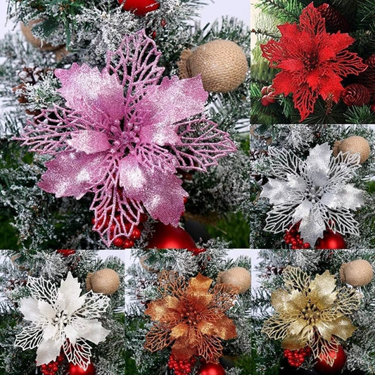 10 Peças de flores artificiais de poinsétia com glitter de Natal, decorações de flores