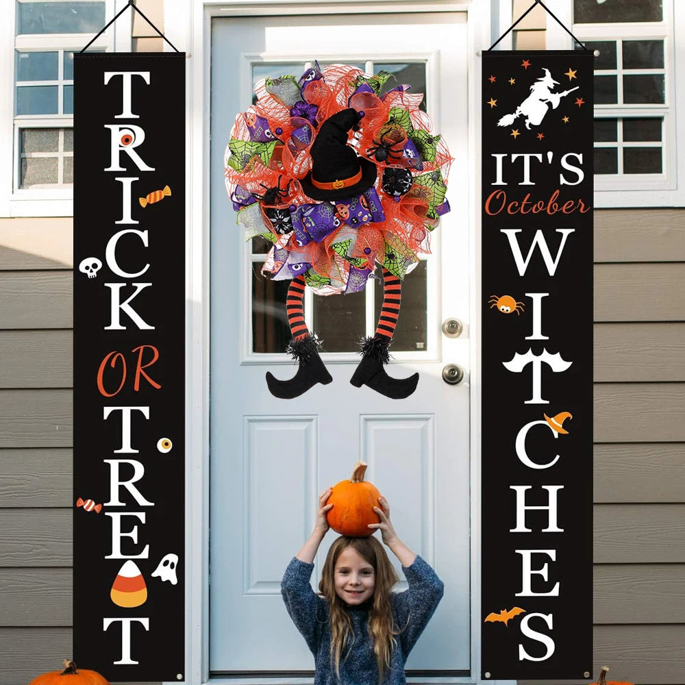 Guirlanda de Halloween de bruxa feliz, decoração de porta de abóbora com pernas