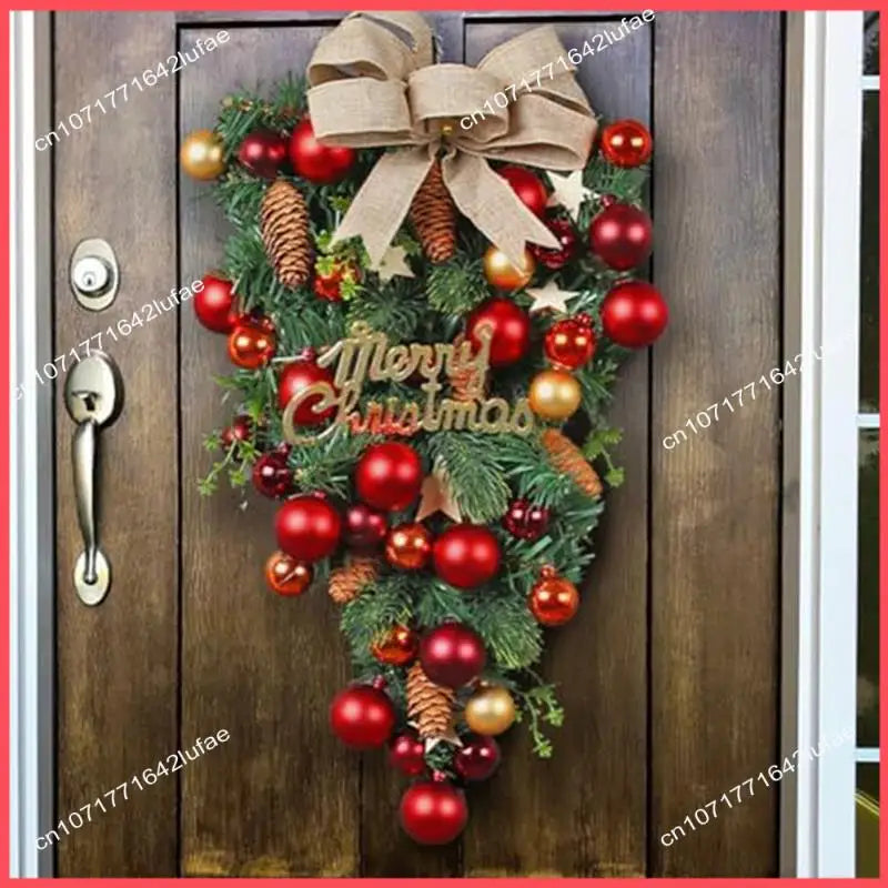 Guirlanda de porta de guirlanda artificial e guirlanda nevada natal com laço vermelho