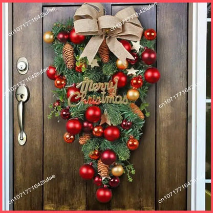 Guirlanda de porta de guirlanda artificial e guirlanda nevada natal com laço vermelho