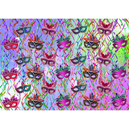 Carnaval, cenário fotográfico, roxo, verde, dourado, máscara, baile, dança, fundo máscaras