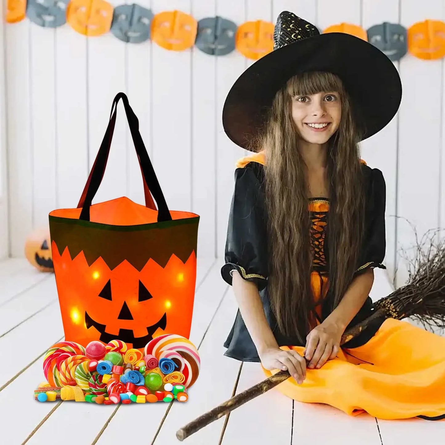 Cesta Dobrável Halloween 1 peças de luz de LED, sacos de doces ou travessuras Halloween