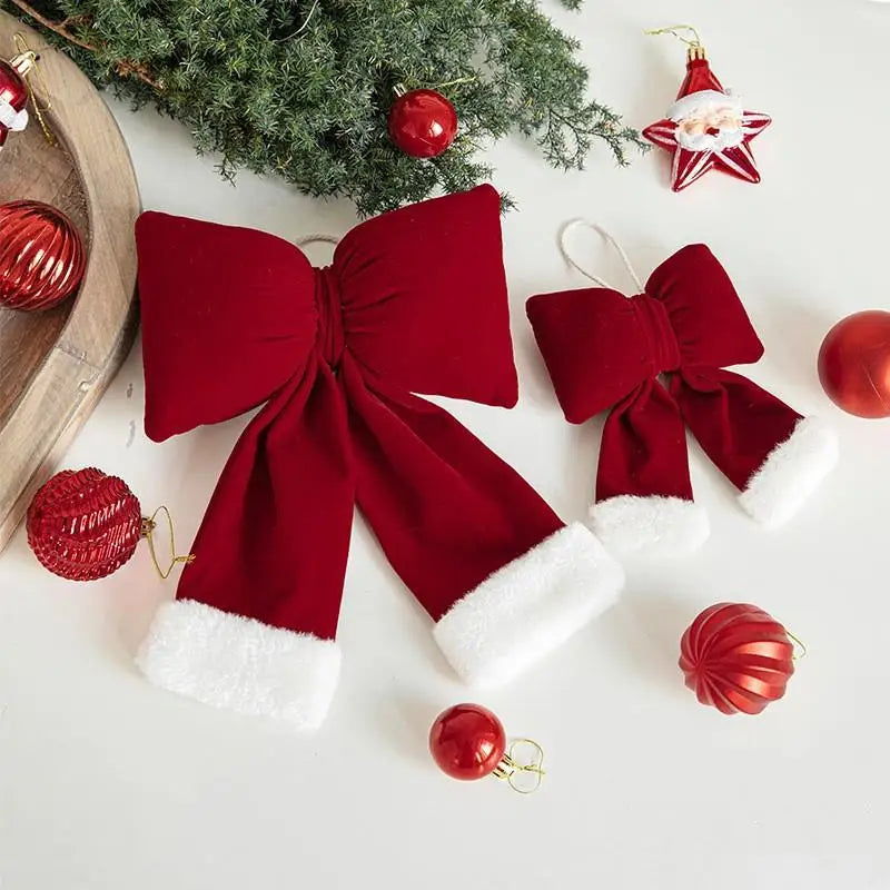 Laço de Natal em Veludo Vermelho, Decoração Luxuosa para Porta, Enfeite Árvore de Natal