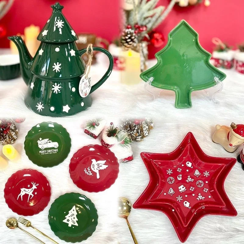 Bule de Chá em Formato de Árvore de Natal (820ml) e Bule de Porcelana Árvore de Natal Decorativo Cerâmica