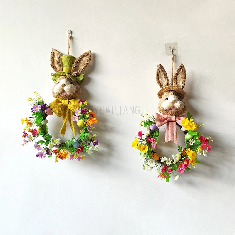 Guirlanda de coelho da páscoa de 63.5cm, coroa de flores artificiais em forma de coelho