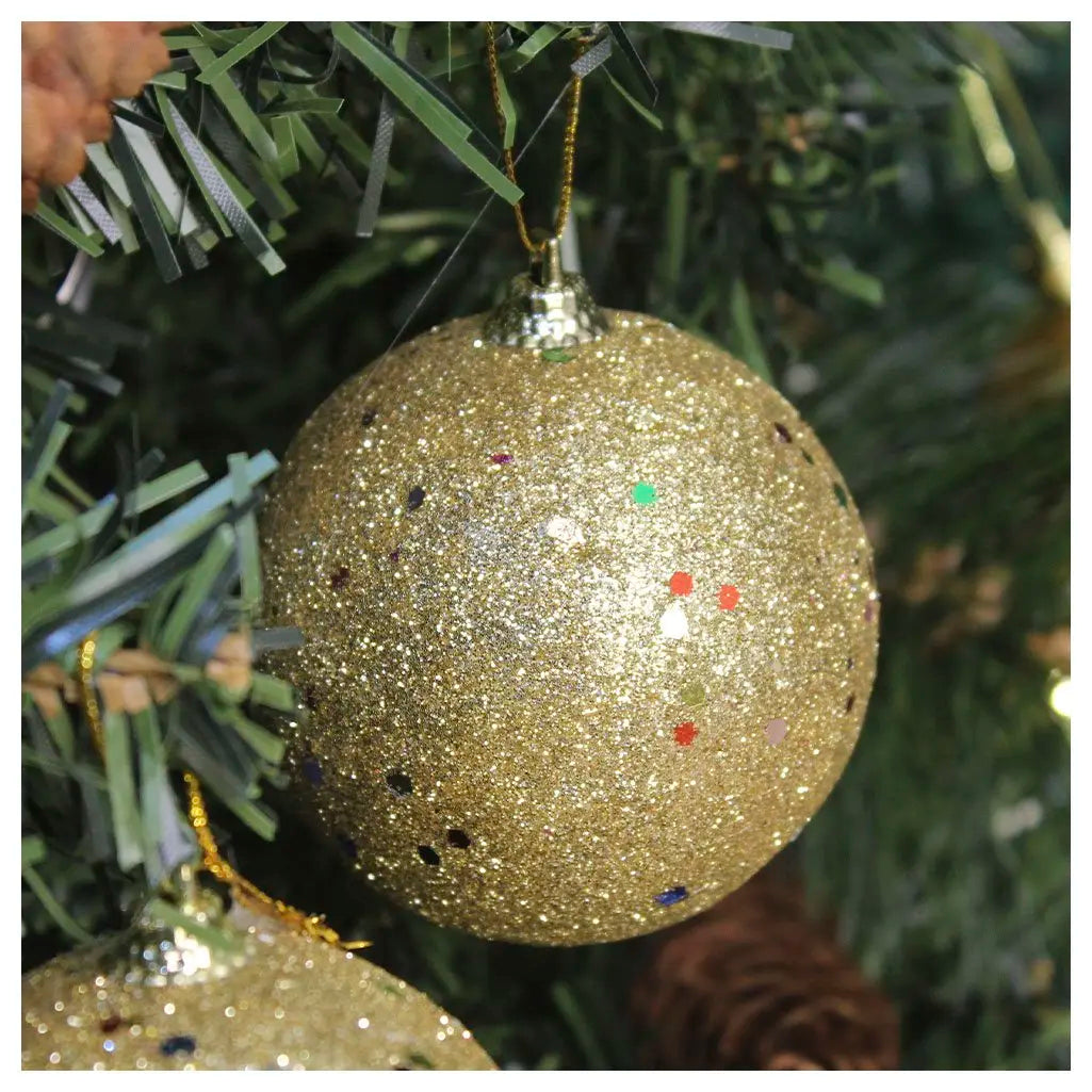 Bola de Natal 2 Peças Bolas Enfeite Natalino Árvore Natal Dourado Glitter 70mm Ornamento