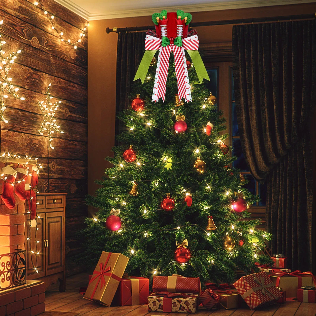 Ponteira Natal Premium Ponteira Decorativa Árvore de Natal, Enfeite Árvore Natalina Chapéu Vermelho Bengalas