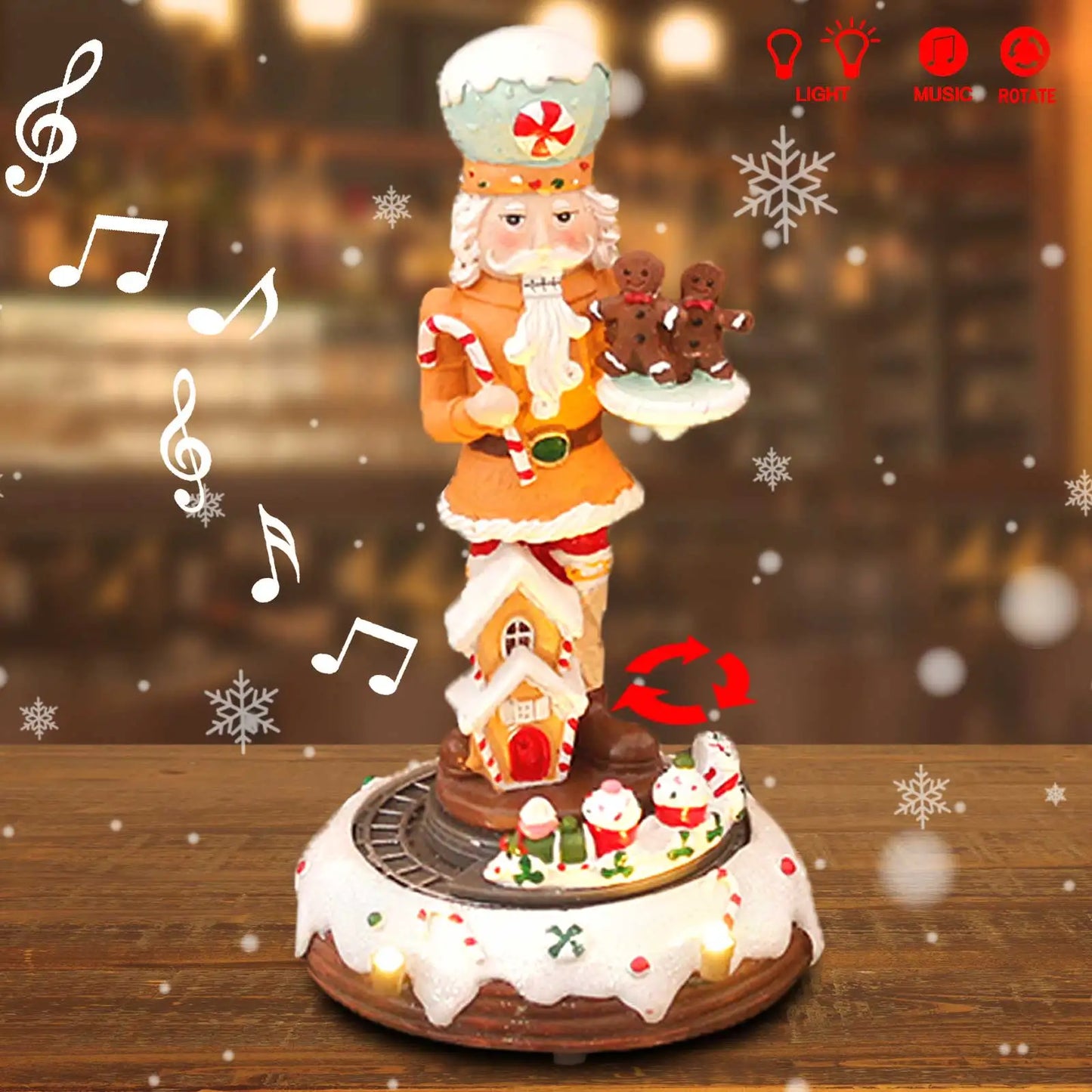 Trem Giratório Musical de Quebra-Nozes de Natal com Tema de Gengibre Boneco Decorativo