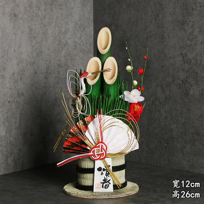 Vaso Três Tubos Leque Dourado com Placa de Madeira, Adorno de Mesa de Ano Novo Japonês (Kadomatsu)
