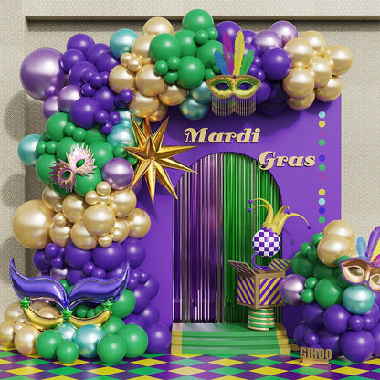 Kit de arco de guirlanda de balão de ouro verde roxo carnaval 140 peças com grande